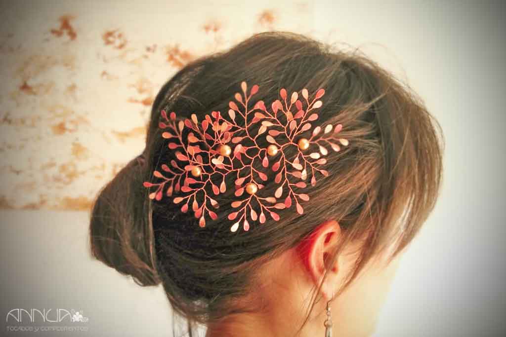 tocado ramas rosa y perlas